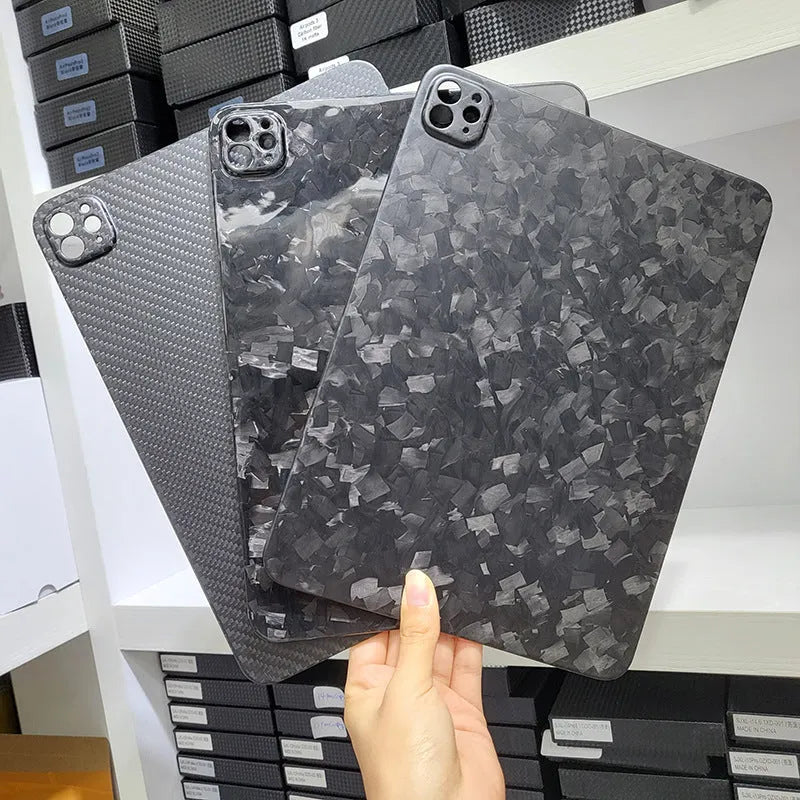 Genuine carbon fibre flat hard protective case for iPad Pro 11 inch in a textured finish.