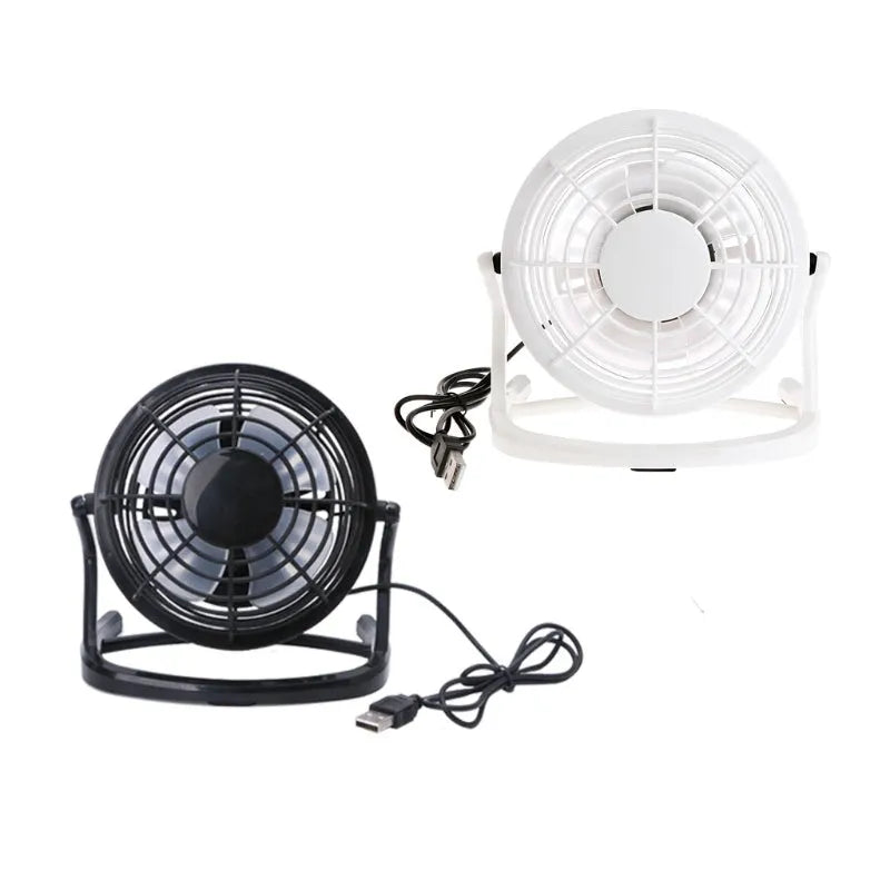 Mini USB desk fan with adjustable tilt in black, white or blue options for laptop and PC cooling
