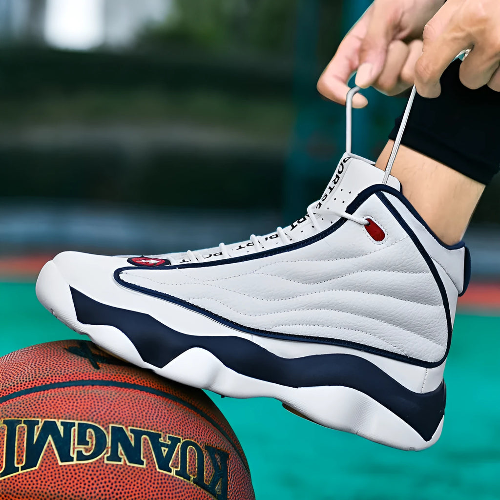 Men's high-top basketball shoes in AJ13 white red colourway with mesh upper and thick rubber sole.