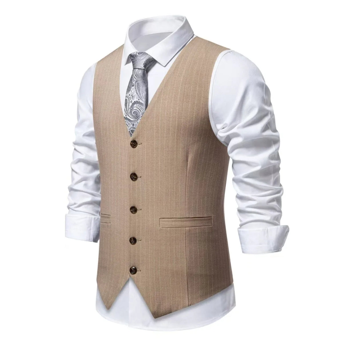 Men's striped suit vest in polyester with non-ironing finish and miter bottom hem.