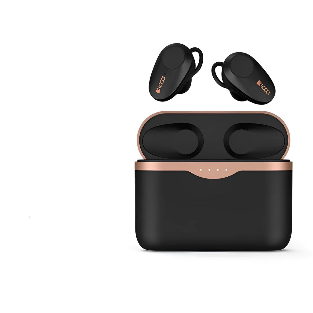 Black wireless Bluetooth headset with charging stand on a table.