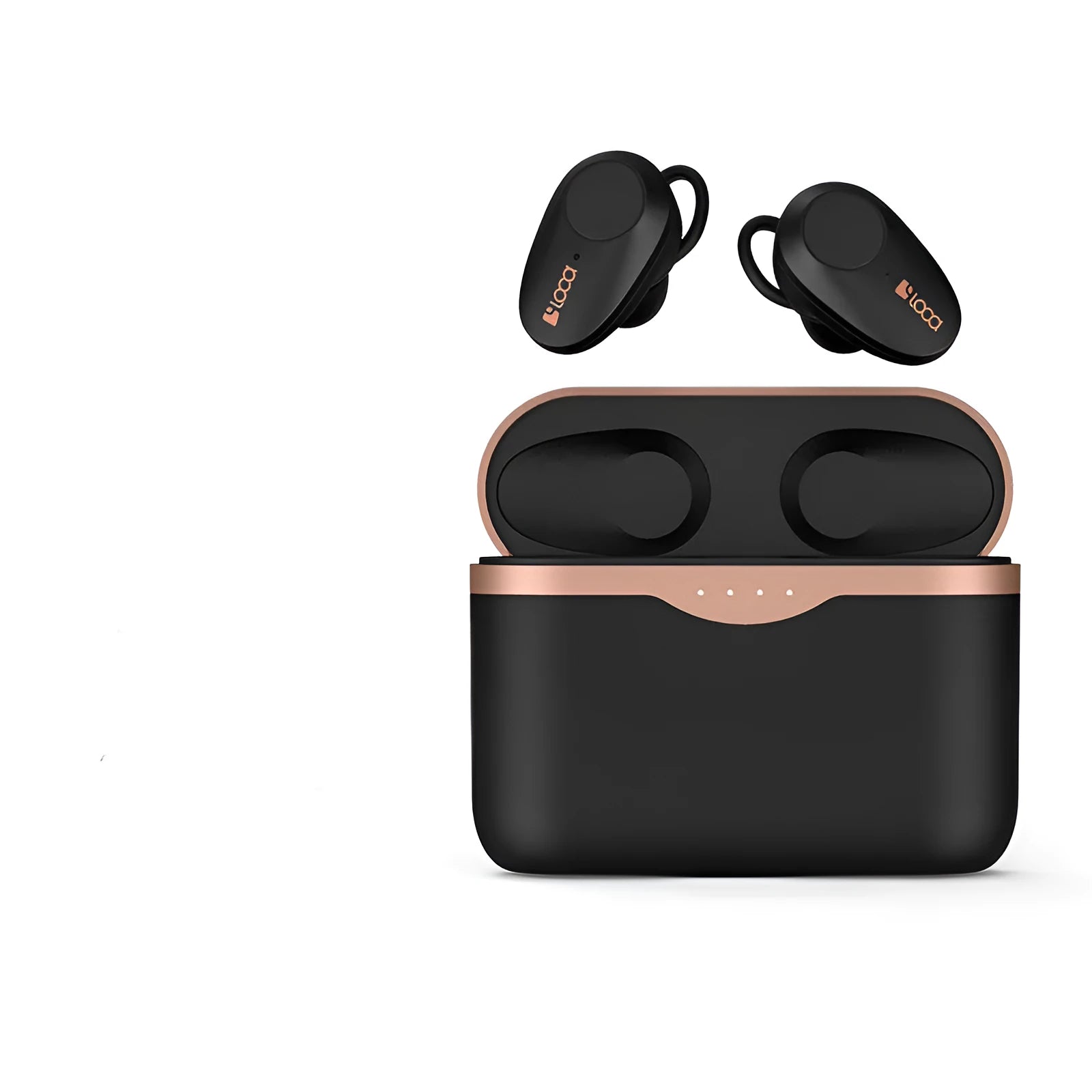 Black wireless Bluetooth headset with charging stand on a table.