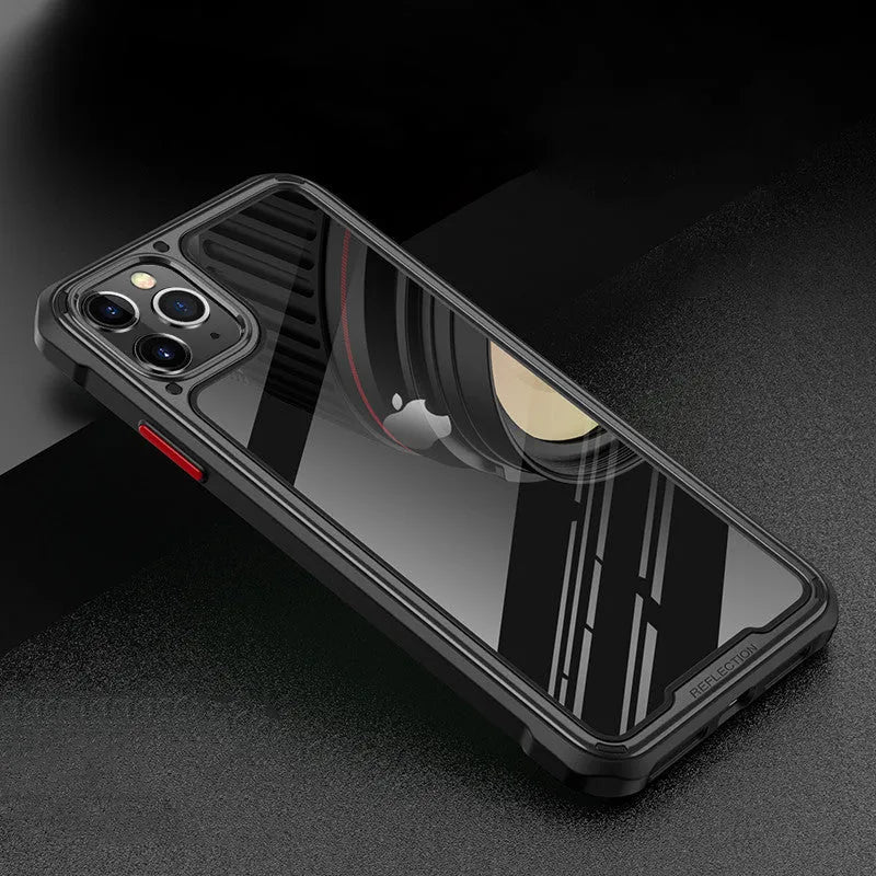 Transparent silicone and PU business style back cover case for Apple iPhone 11 Pro Max showing clear design and precise cut-outs