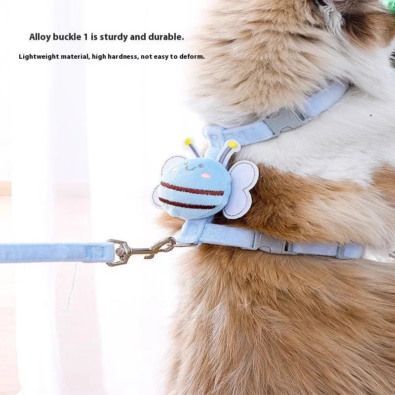 Adjustable polyester cat leash with teddy bee design in pink, blue and yellow colours
