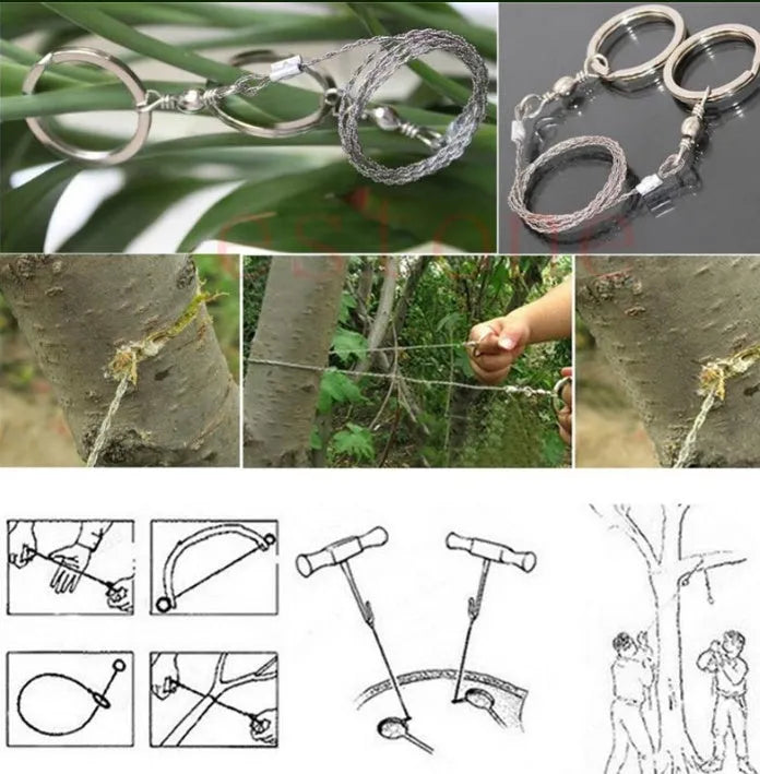 Stainless steel survival wire saw with thumb rings showing 55cm blade and pull ring assembly