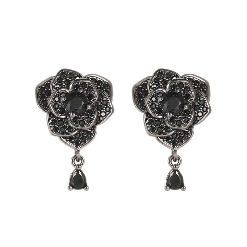 Black rose zircon stud earrings with flower design and 18K gold colour electroplated finish