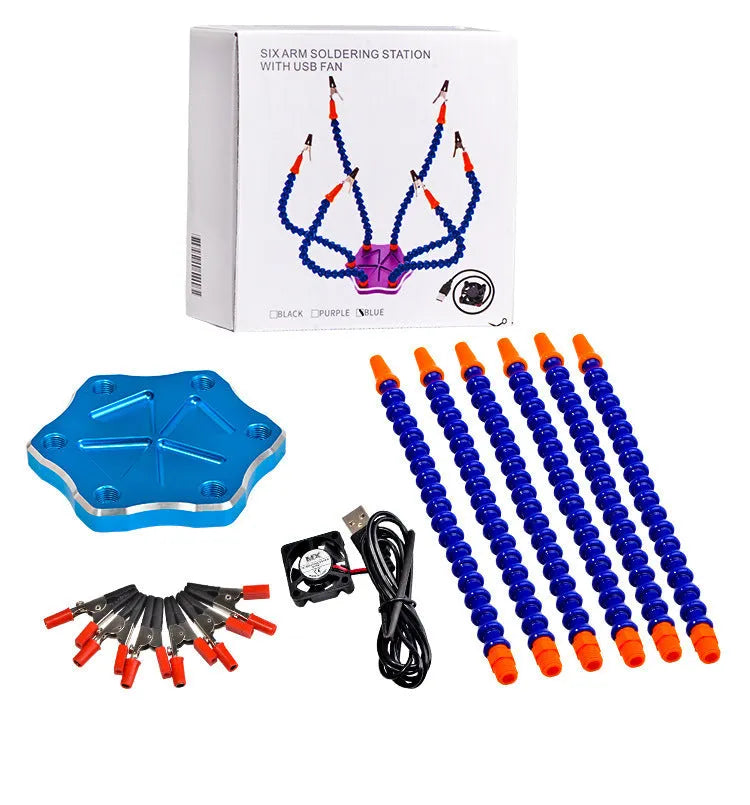 Black and purple aluminium alloy six-claw welding station with adjustable arms for model repair soldering.