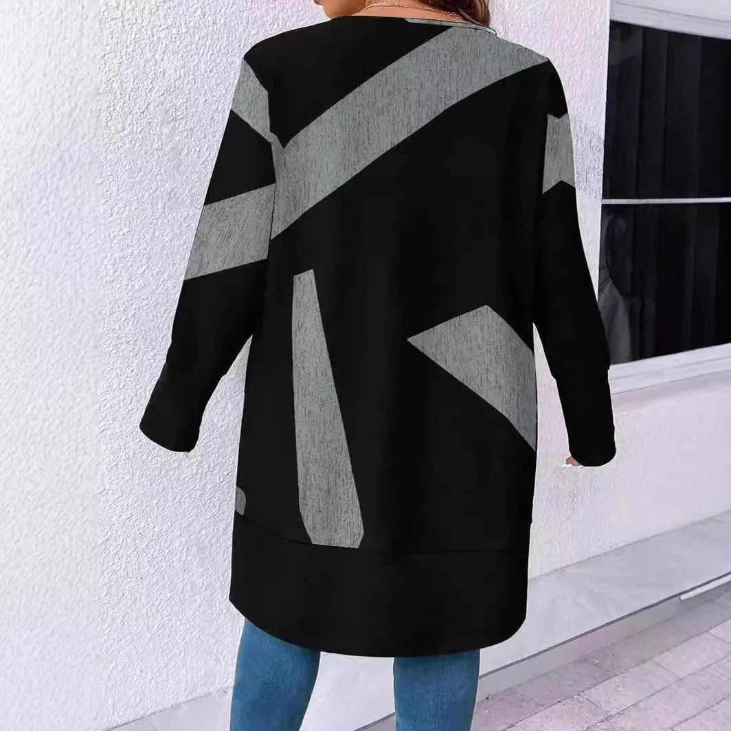 Black plus size knitwear cardigan with button stitching and printing design