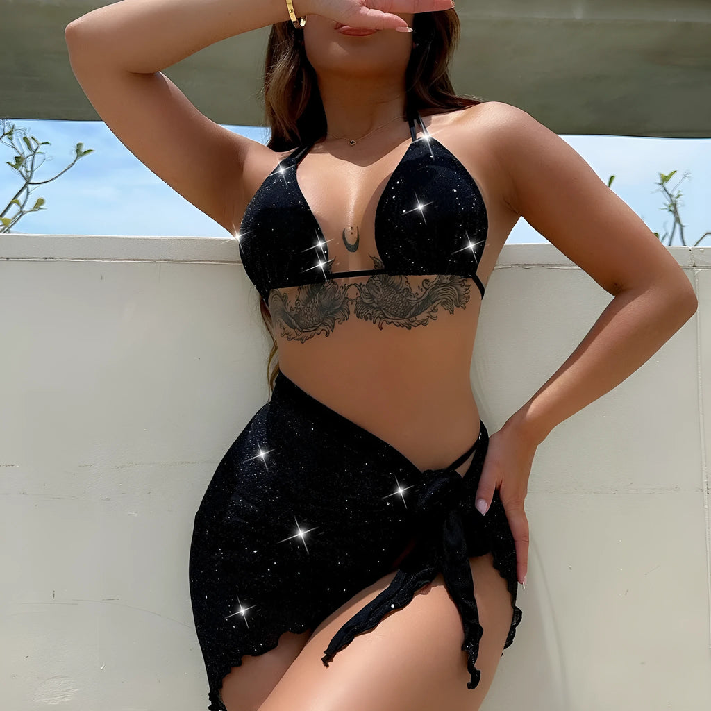 Black three-piece bikini swimsuit set with top and shorts in polyester fibre fabric