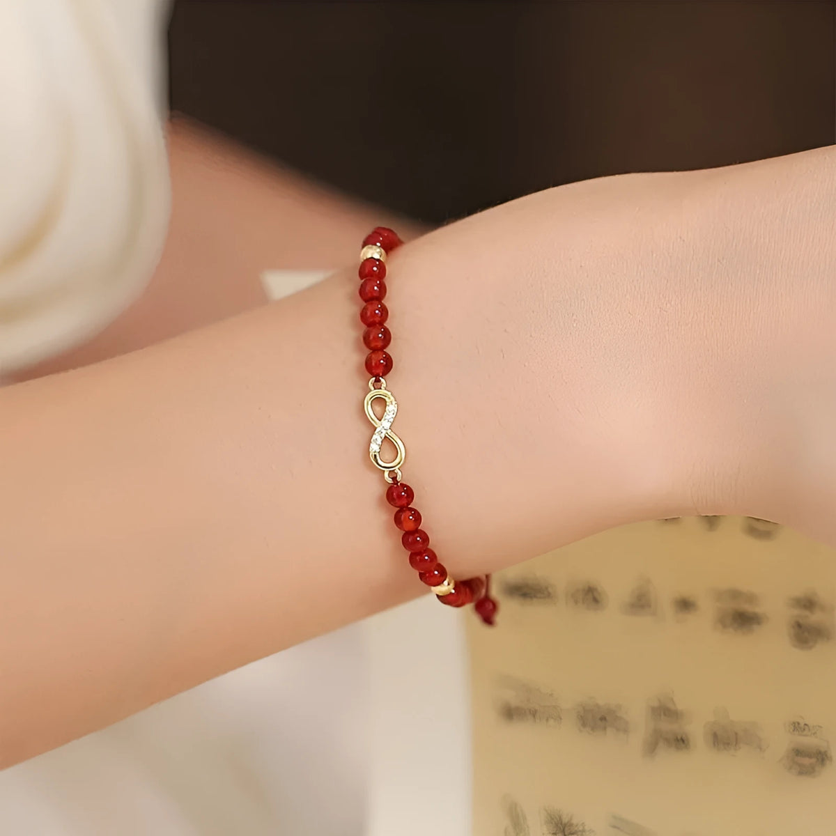 Hand-woven natural red agate bracelet with diamond pattern beads in ethnic style