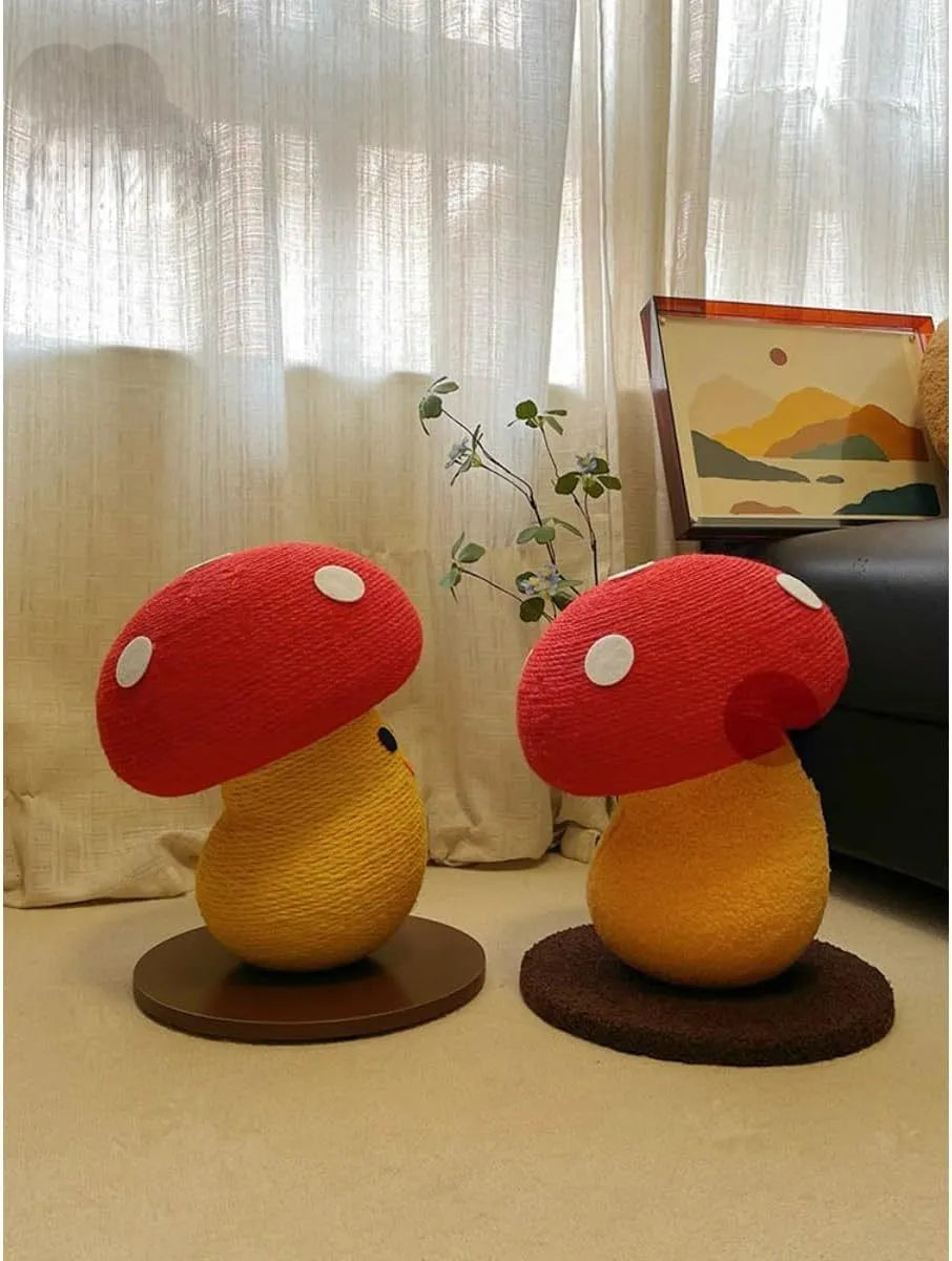 Round mushroom-shaped cardboard cat scratcher with accordion folds for furniture protection