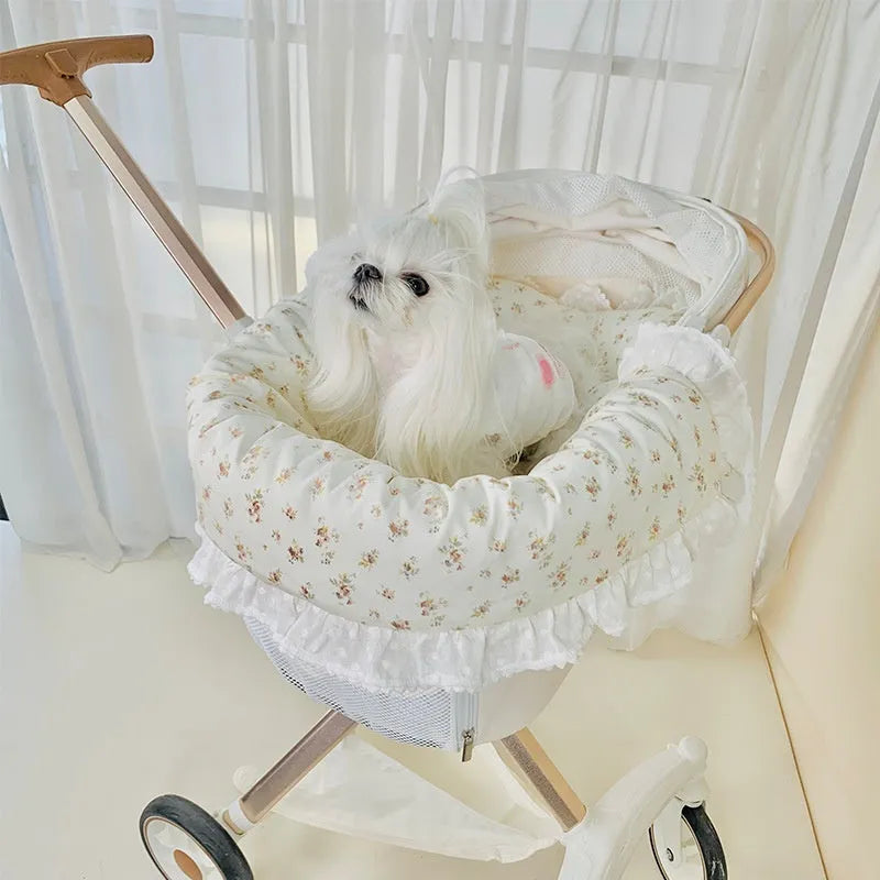 Pure cotton pet stroller cushion set with pillow and anti-dirty towel in a floral pattern.