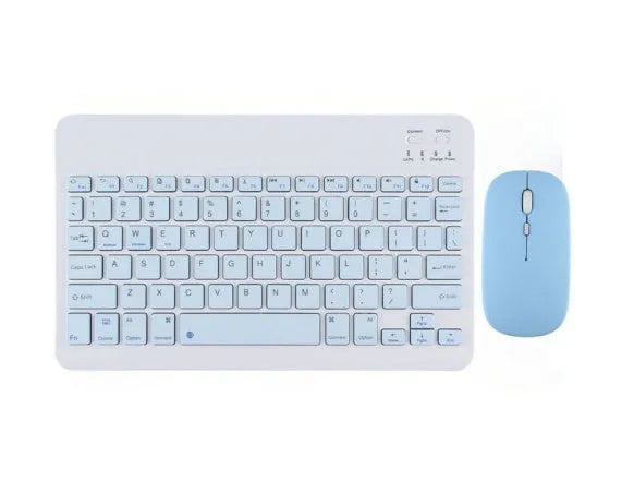 Compact white Bluetooth keyboard for tablet and PC use on a wooden desk