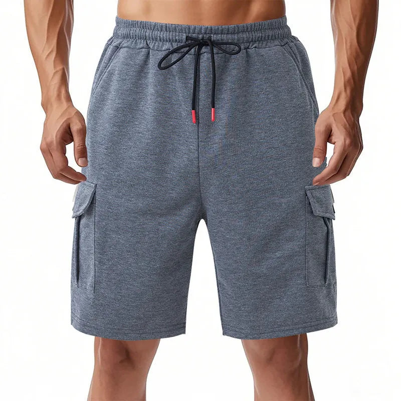 Men's heavy loose casual sports cargo shorts with multiple pockets in light grey towelling fabric