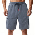 Men's heavy loose casual sports cargo shorts with multiple pockets in light grey towelling fabric