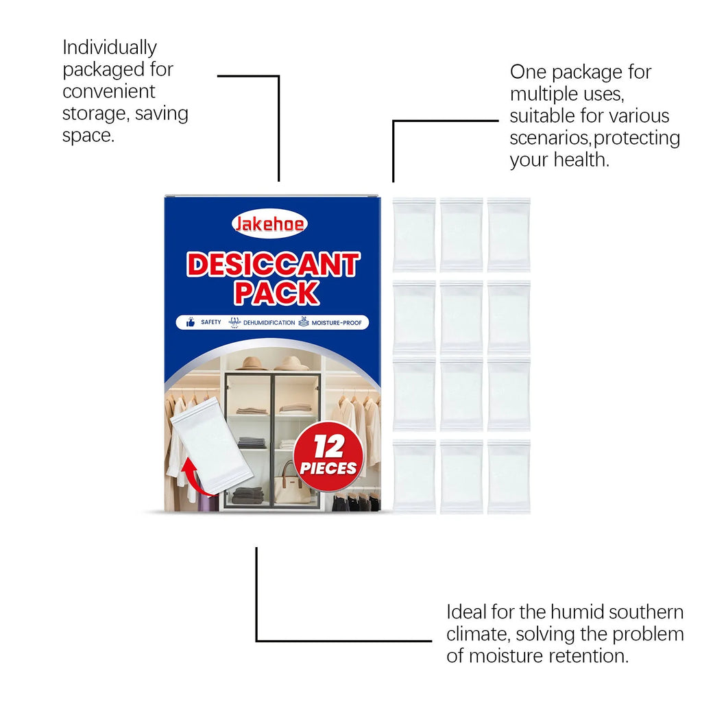 Pack of 12 white calcium chloride desiccant pouches for absorbing moisture in cupboards.