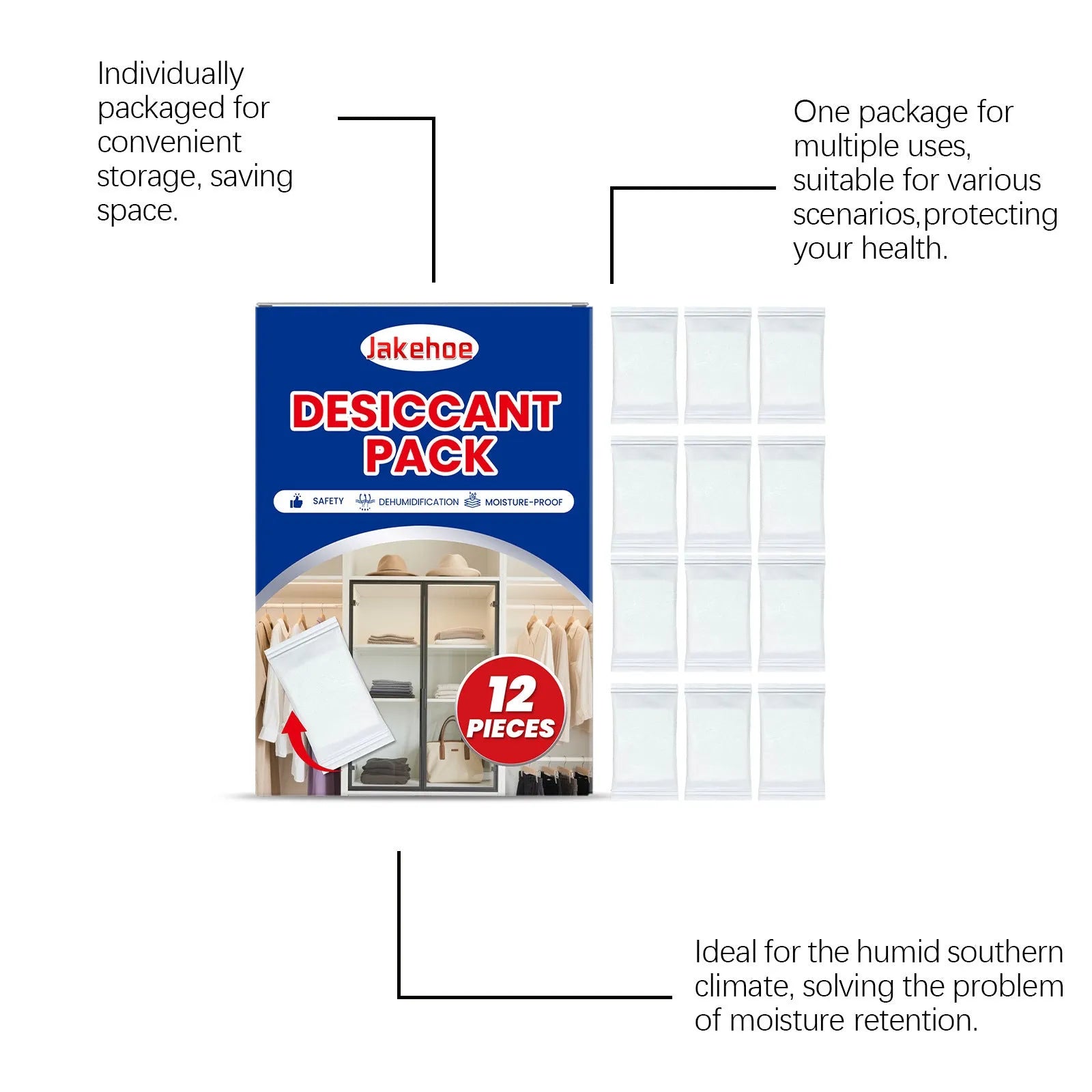 Pack of 12 white calcium chloride desiccant pouches for absorbing moisture in cupboards.