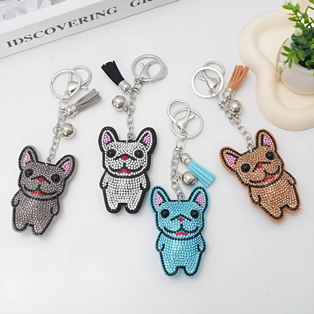 French dog rhinestone keychain with cartoon animal pendant in caramel colour