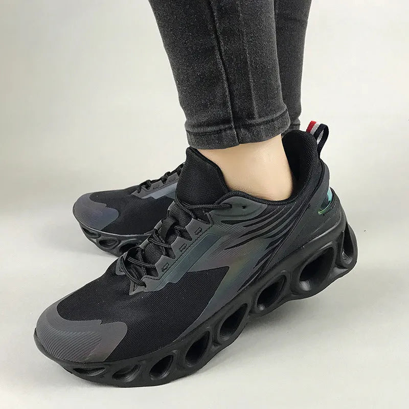 Men's casual sports shoes in black colour with mesh upper and lace-up front closure