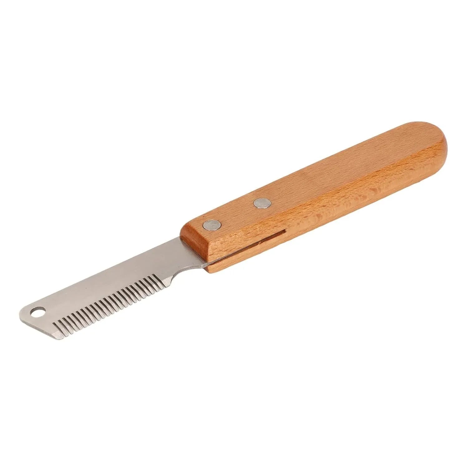 Pet stripping comb with wood handle and metal fittings for dog and cat grooming, available in long or short size