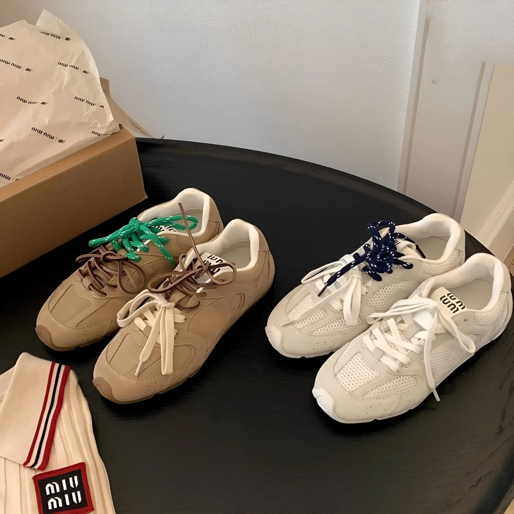Women's retro German training sports casual shoes in milky white or khaki with flat heel, round toe and front lace-up