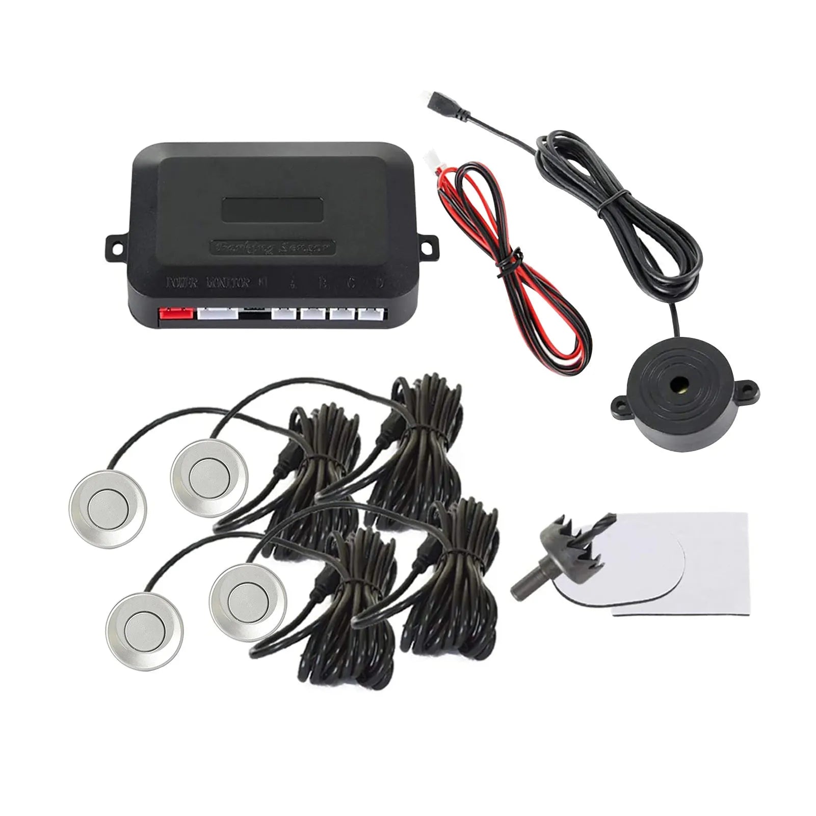 Four-sensor car reversing radar system with control module and installation tools