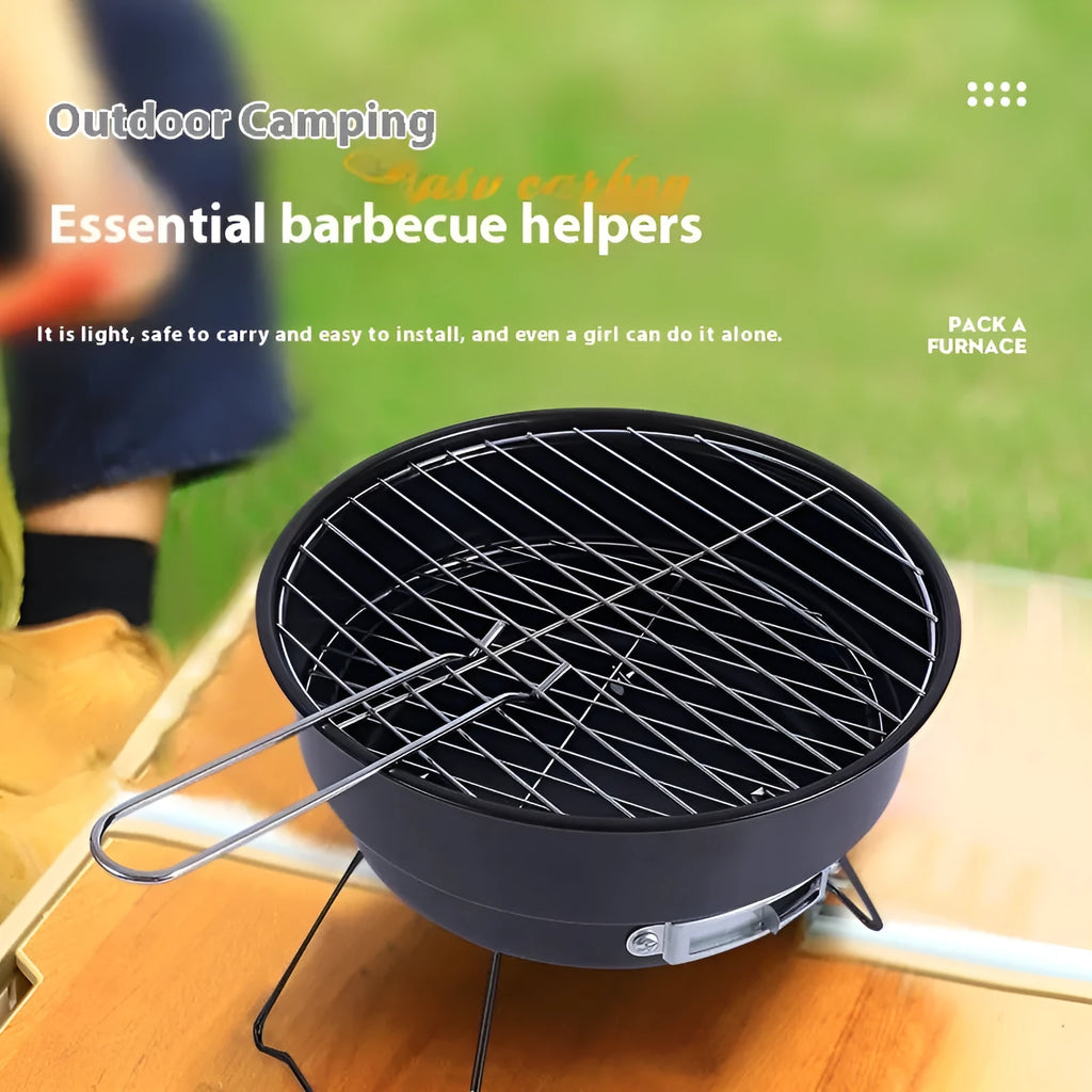 Small folding round ice stove with mesh grill and furnace legs for outdoor barbecue