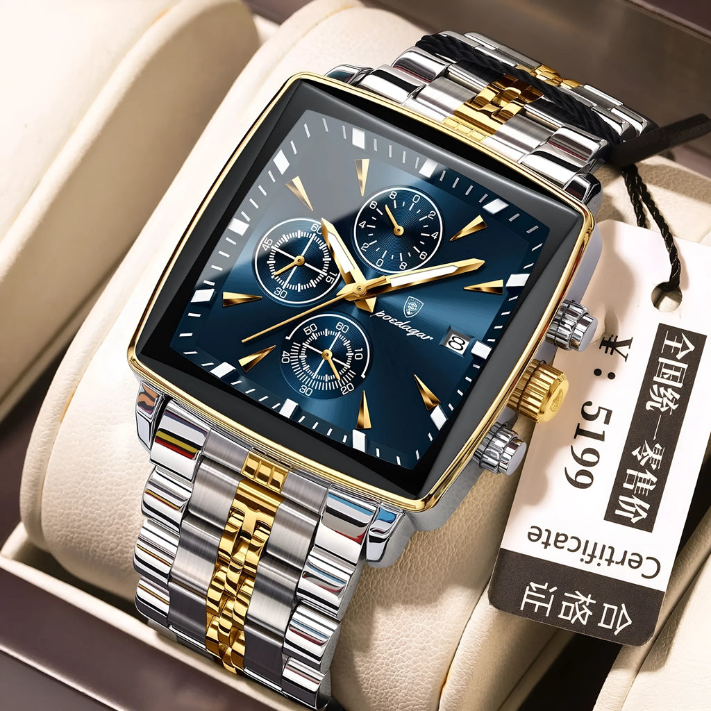 Square men's business quartz watch with stainless steel strap and spiral crown in gold or silver case options
