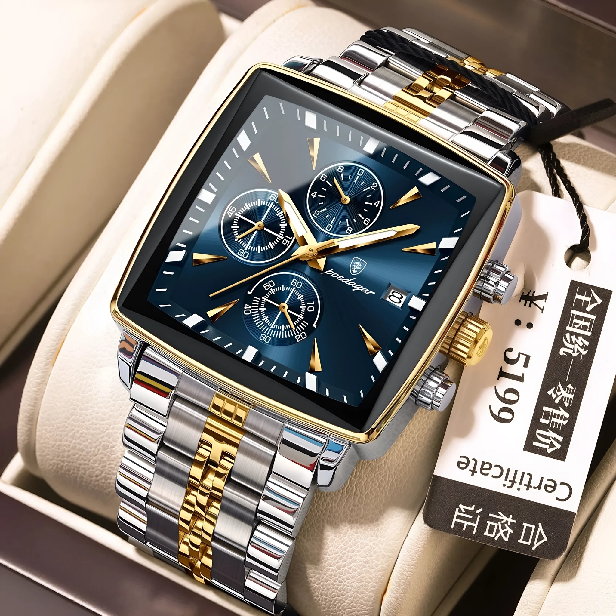 Square men's business quartz watch with stainless steel strap and spiral crown in gold or silver case options