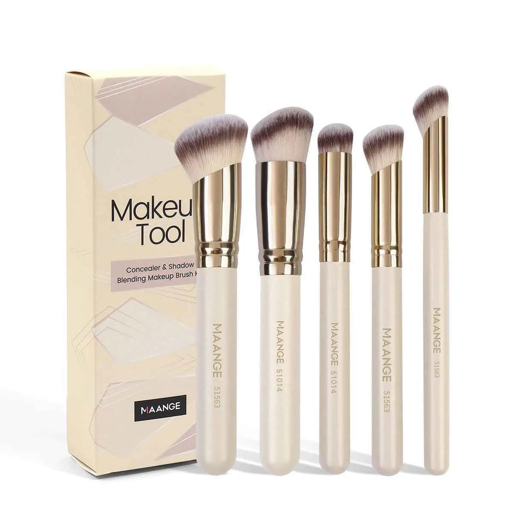 MAANGE five angled apricot-coloured kabuki makeup brushes for foundation, blush, and powder application