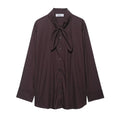 Brown women's shirt with long sleeves and bow tie collar in polyester poplin fabric