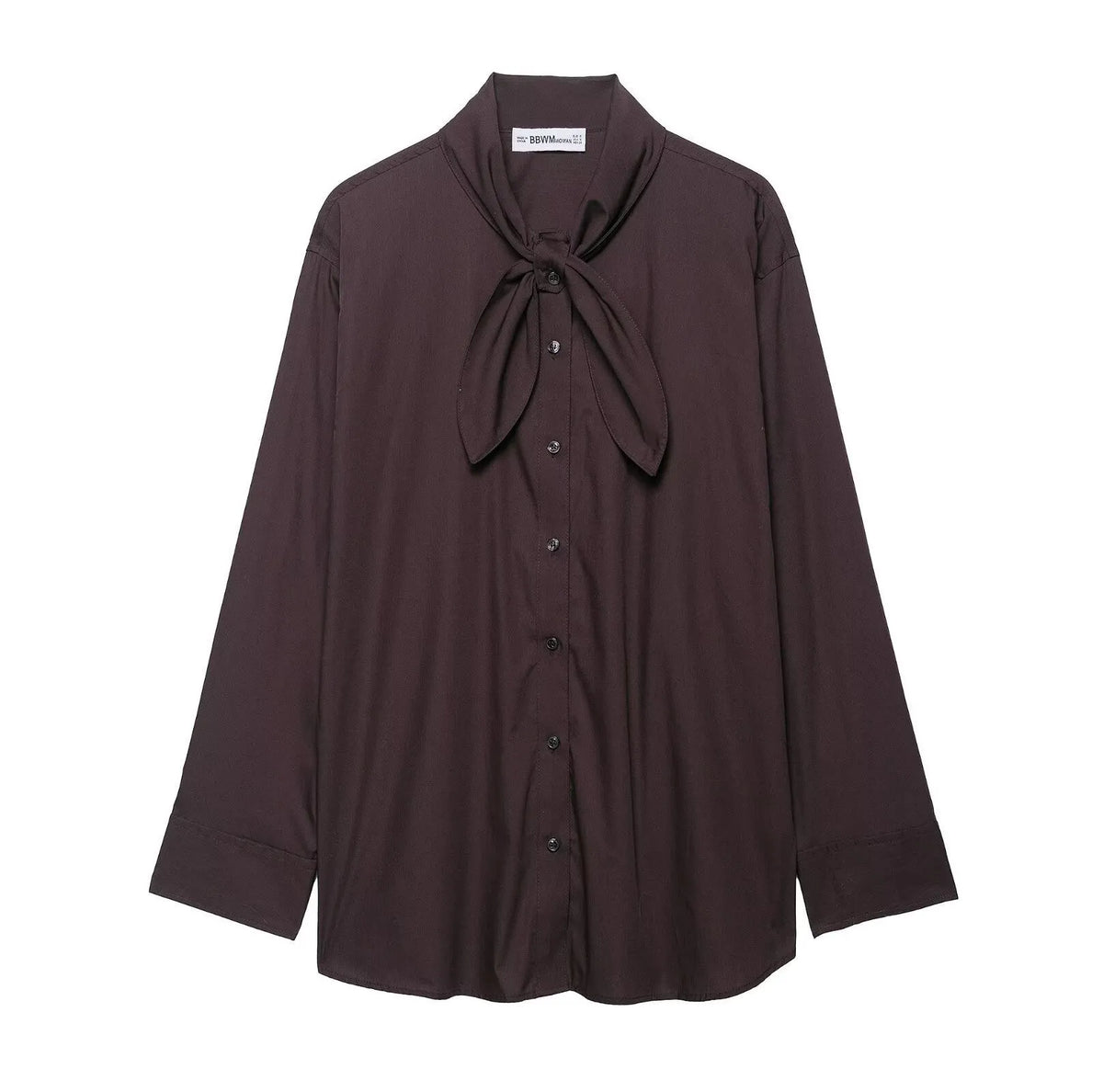 Brown women's shirt with long sleeves and bow tie collar in polyester poplin fabric