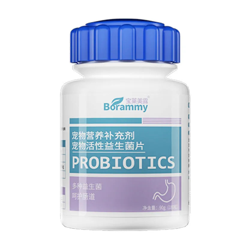 Bottle of pet probiotic chewable tablets containing 180 tablets for dog and cat digestive support.
