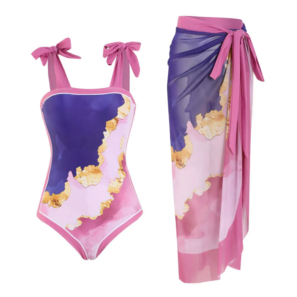 Women's floral print mesh tube top swimsuit with detachable skirt in polyester fabric