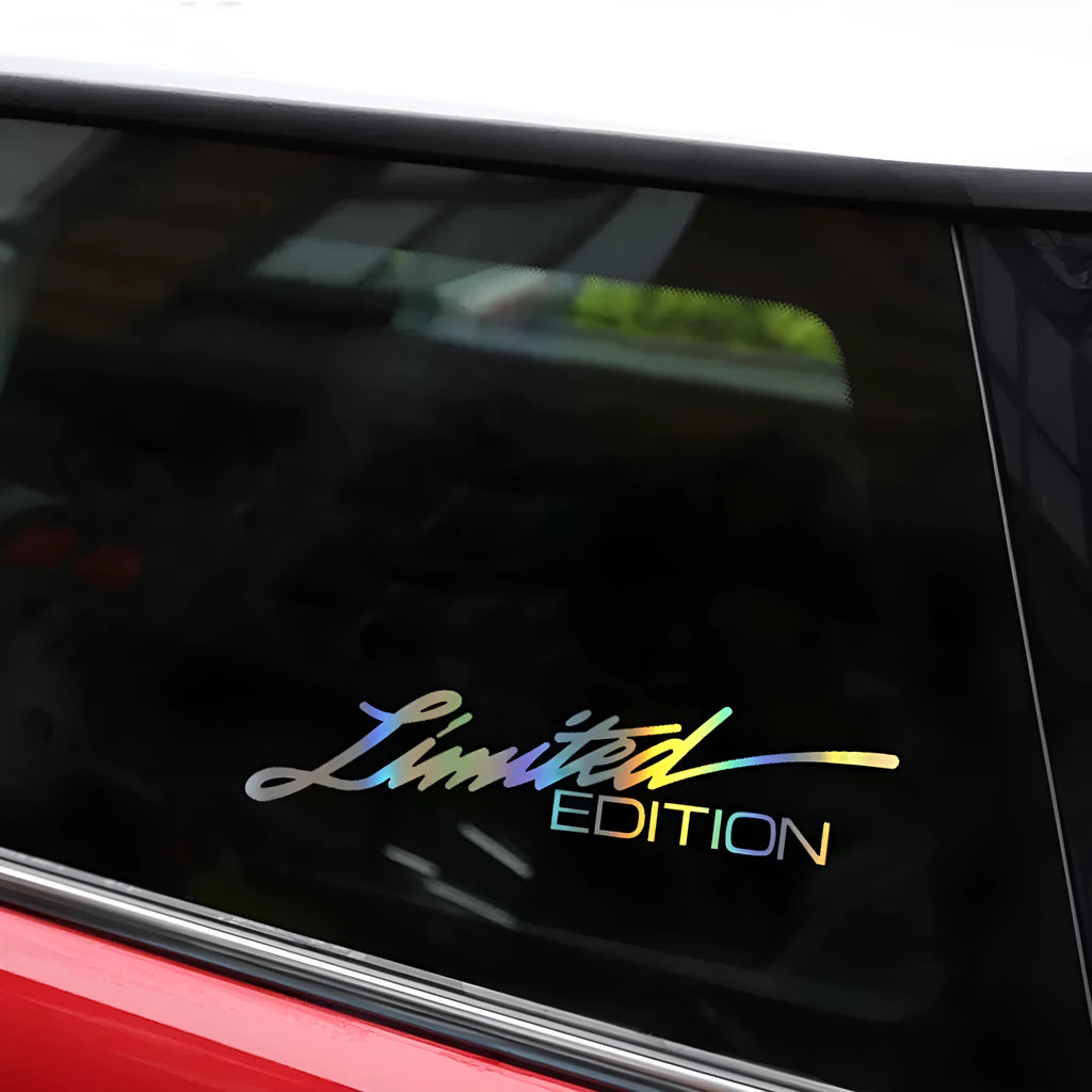 Black laser reflective car sticker with custom text design on PET film for vehicle windows or bodywork.