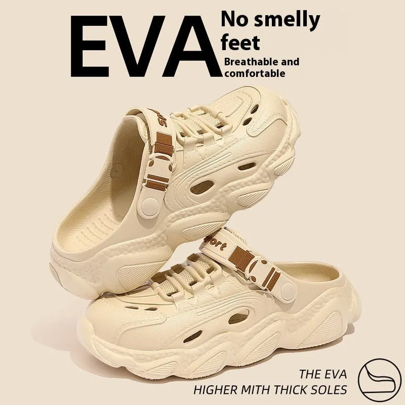 Men's khaki outdoor summer slippers with hollow-out design on an EVA sole.