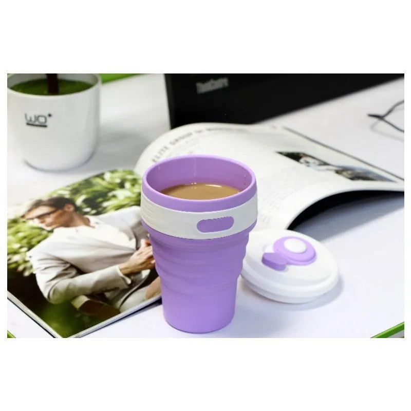 Green collapsible silicone travel mug showing expanded 350ml capacity and folded 6cm height