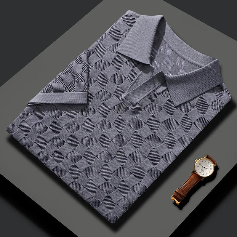 Men's short sleeve mulberry silk sweater with lapel in a solid colour