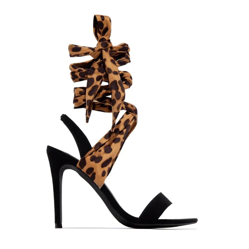 Light brown leopard print women's high heel sandals with cross straps and 8cm thin heel