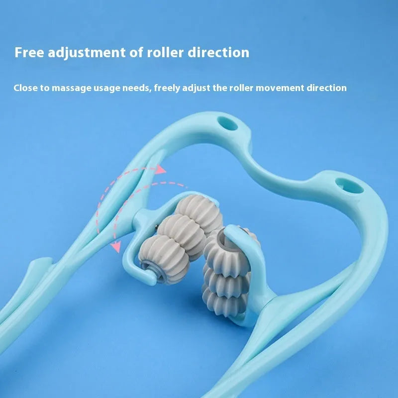 Blue handheld plastic massager with six rotating wheels for neck, shoulder, and back.