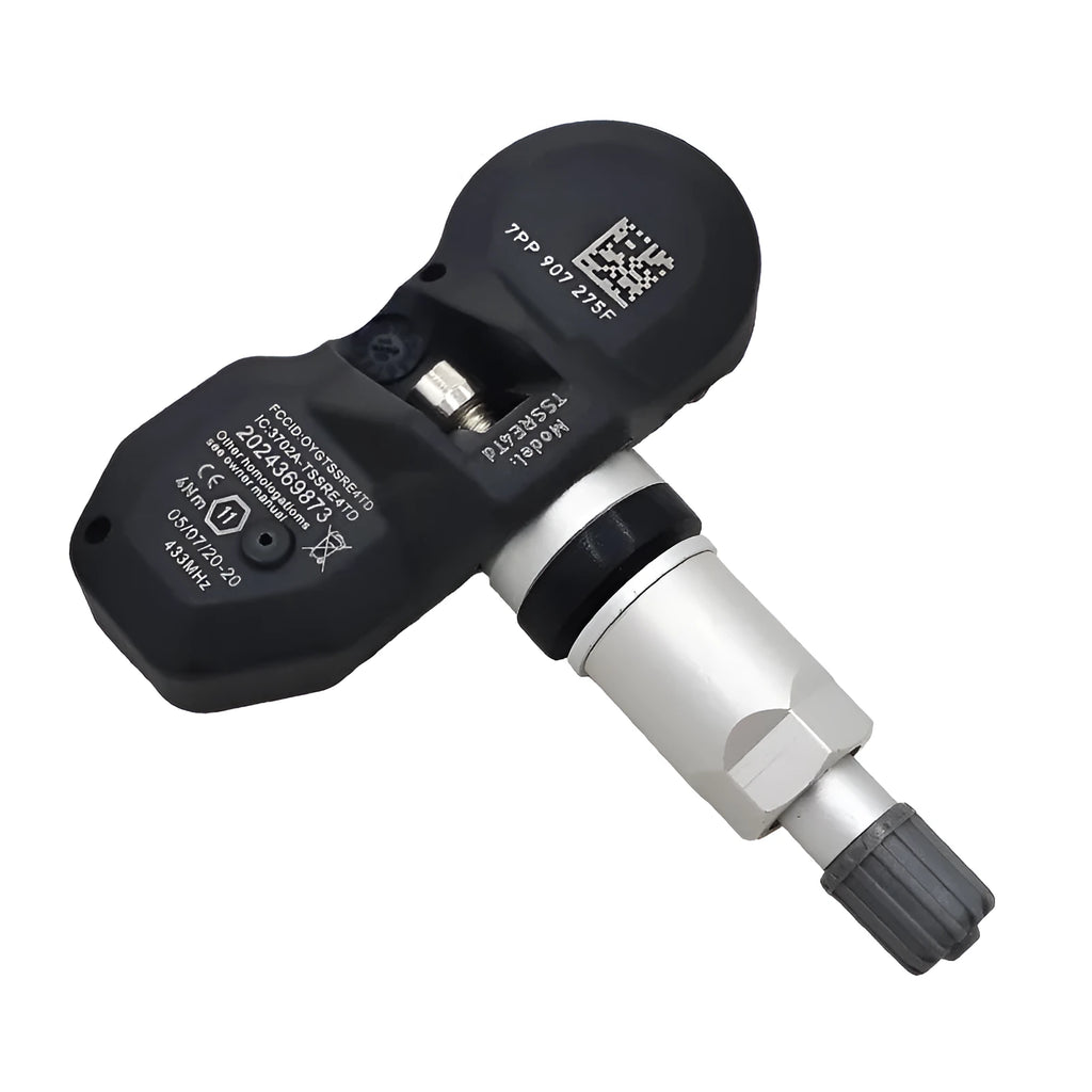 Audi car tyre pressure monitoring sensor with black housing shown alongside packaging
