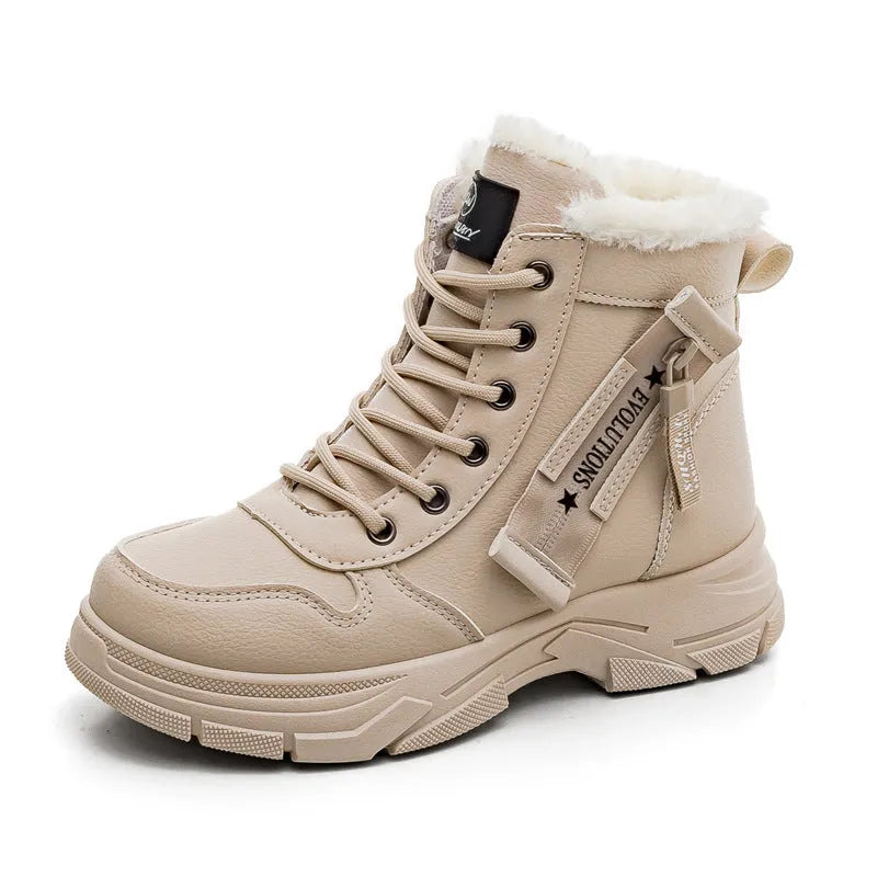 Women's plus size knee-high snow boots with lace-up front in black, khaki, or white with contrasting lining.