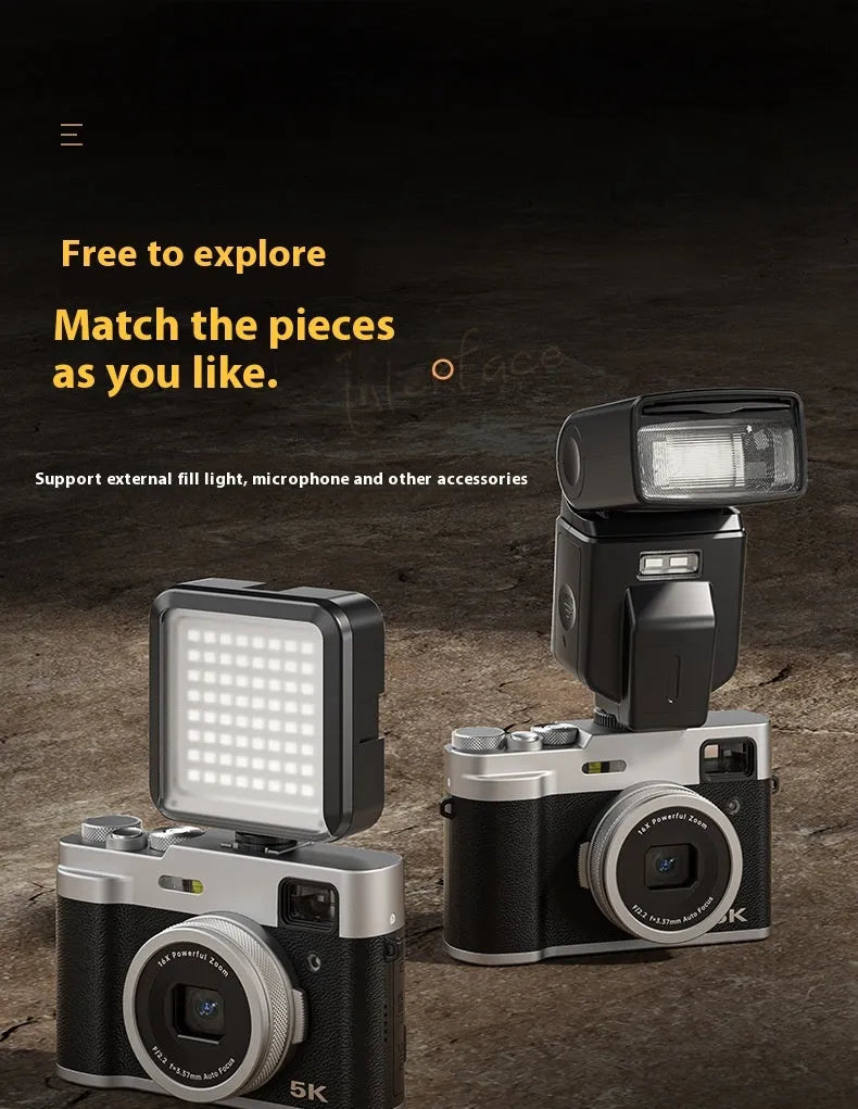 Black 5K HD digital camera with dual lenses and an optical viewfinder on a table with its accessories.