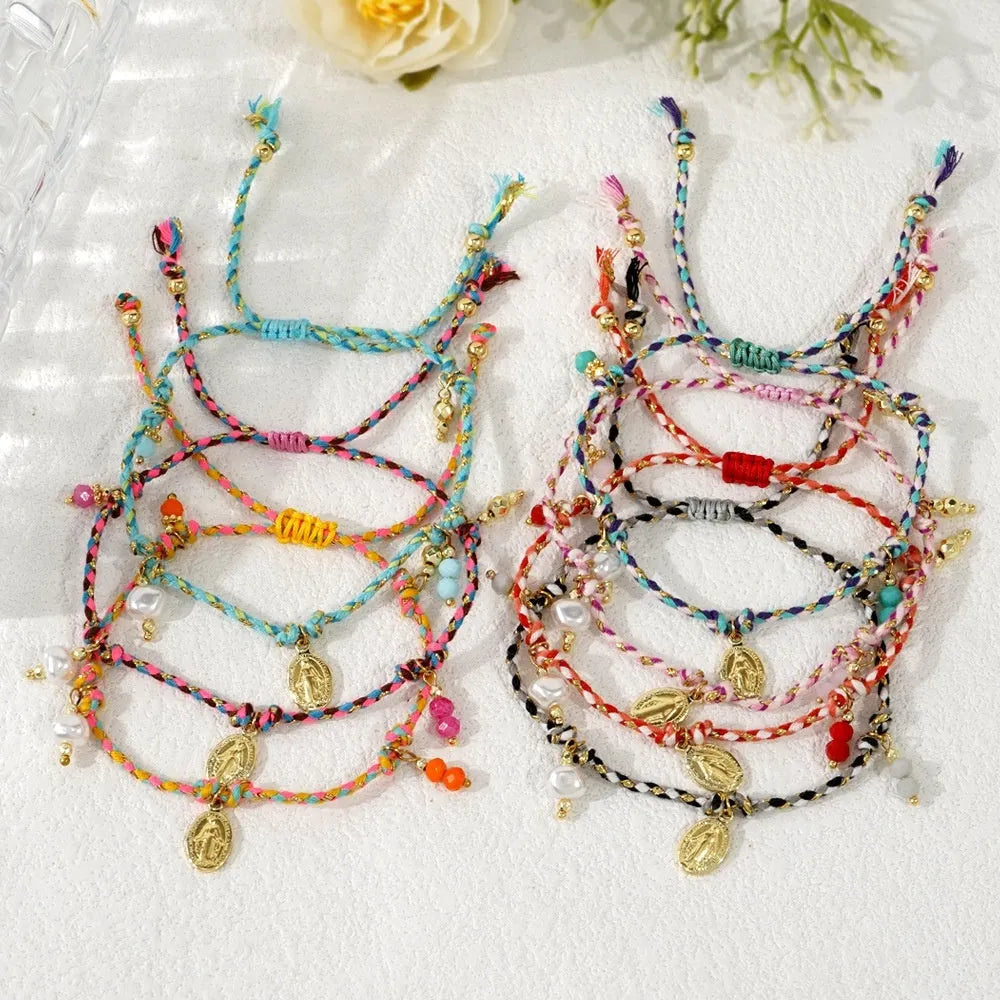 Women's adjustable woven bracelet made from colourful braided rope with a strap tag.