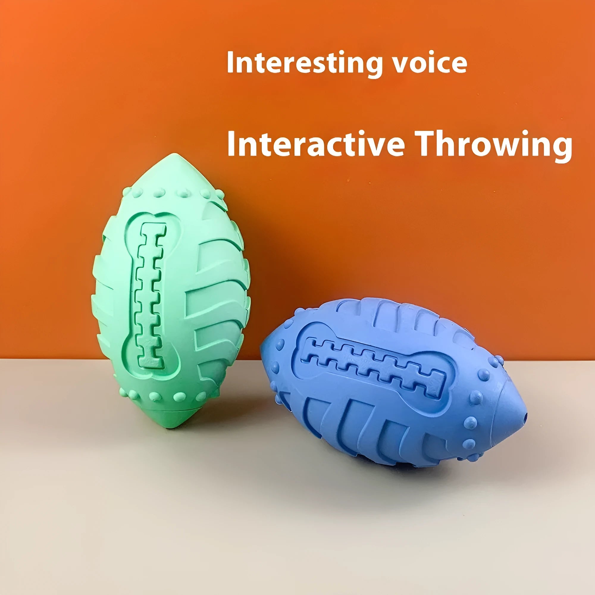 Light green thickened rubber rugby ball dog toy with squeaker for bite-resistant interactive training and teeth cleaning.