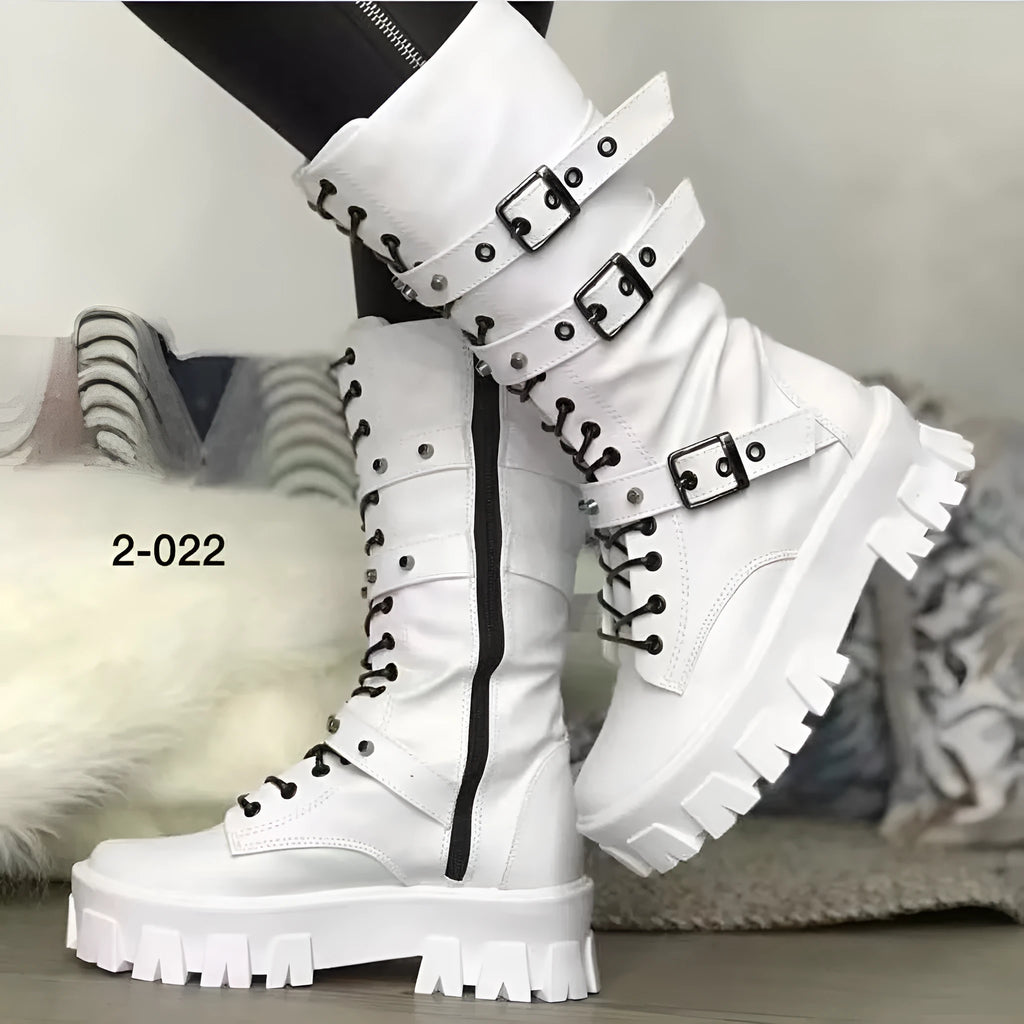 Women's black mid-calf buckle knight boots with side zip on a white background