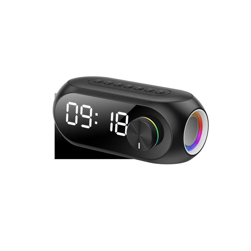 Extra bass portable mini clock speaker in S8 Black, S8 White, and S8 Blue colour options with USB charging cable