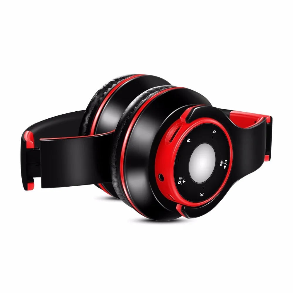 A foldable wireless Bluetooth headset with adjustable hinges, shown in blue, red, or rose red.