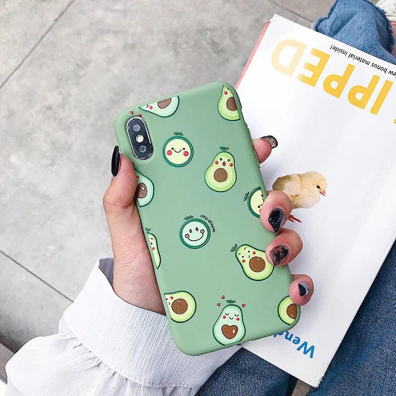 Green cartoon avocado design on a soft TPU phone case for Apple iPhone.
