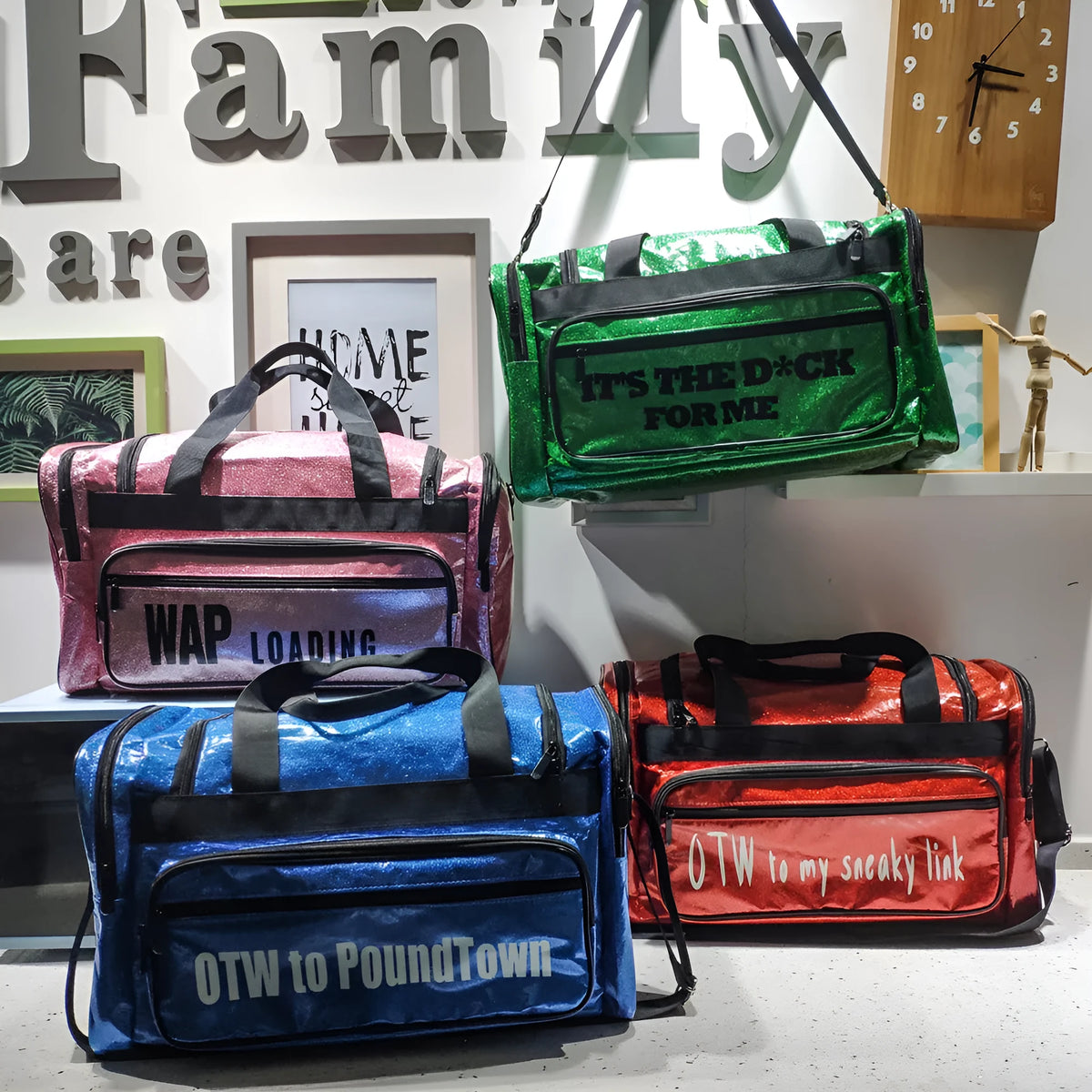 Large black PU leather sports handbag with silver lettering and multiple compartments